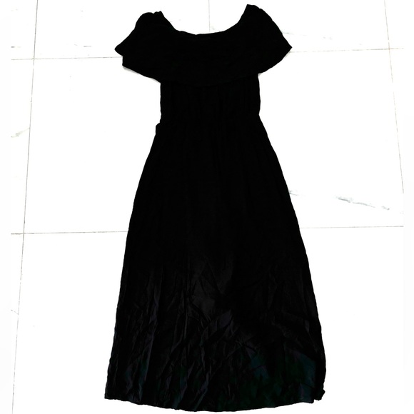 RIO de JAS Black Off The Shoulder Linen Blend Split Front Midi Dress Size Medium - Picture 1 of 12